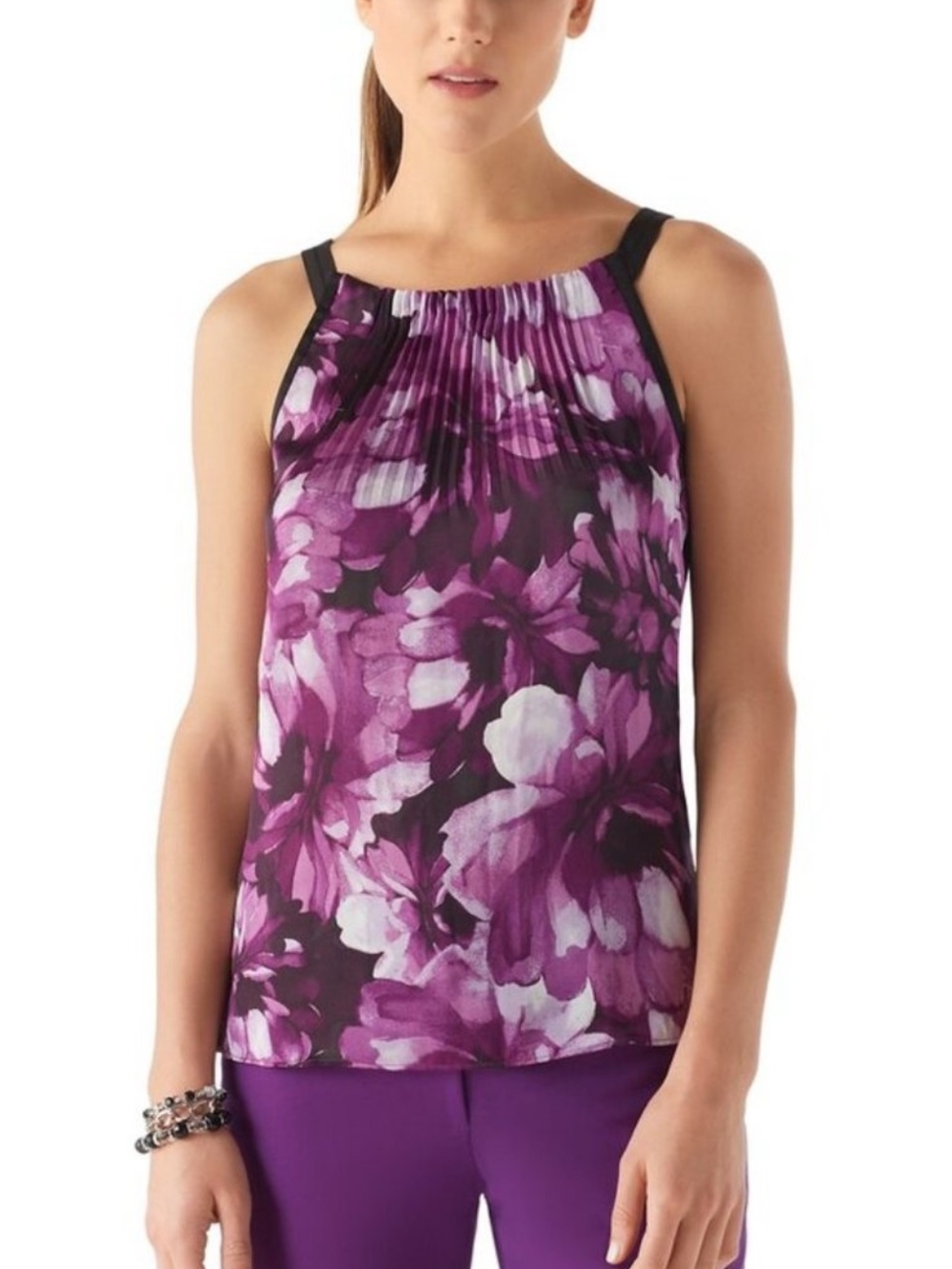 WHBM Imperial Purple Floral Accordion Pleated Halter Top XS EUC $78
